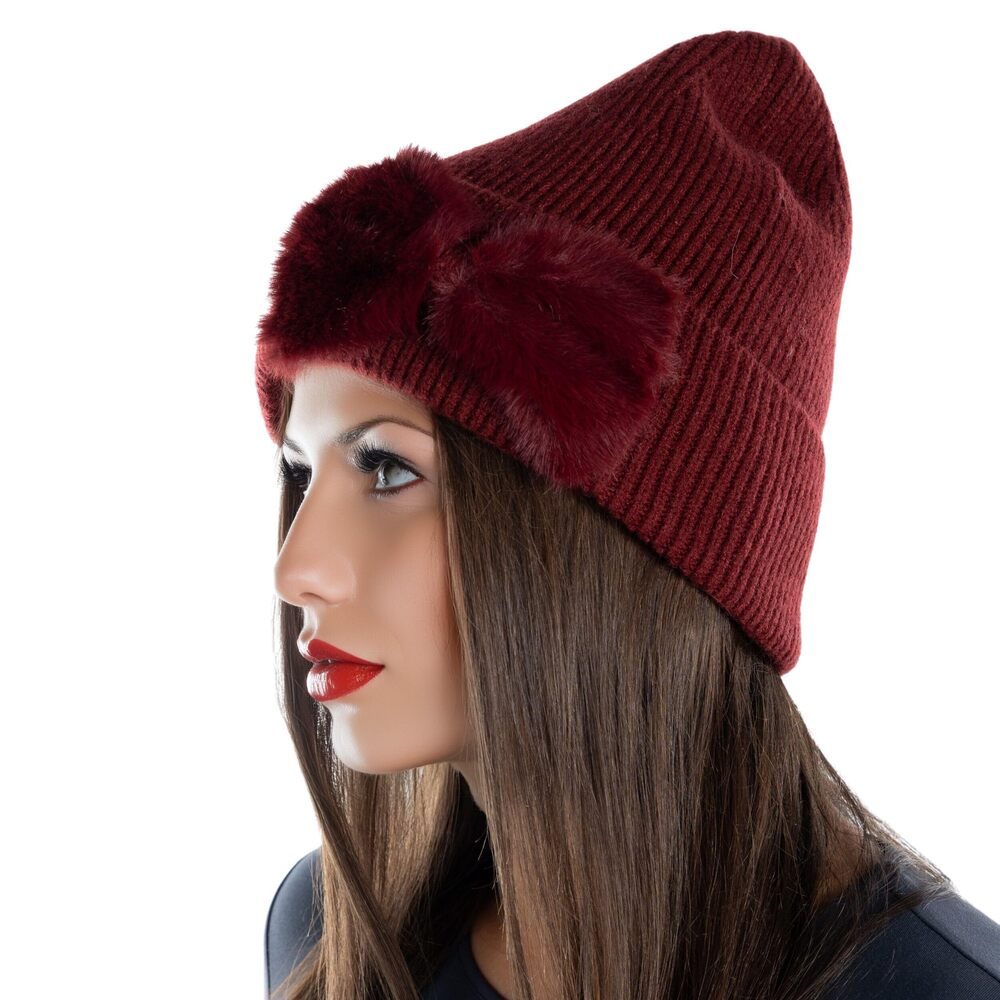 6052 Red Beanie with Bow, Warm Wool Knit Winter Hat, Soft Chenille Velvet
